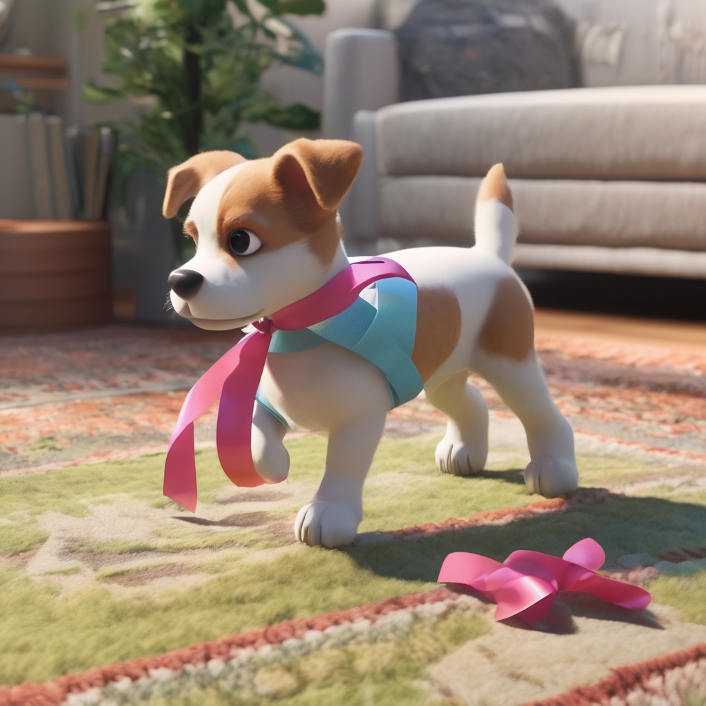 with a ribbon, lying curled up, on a cozy living-room rug