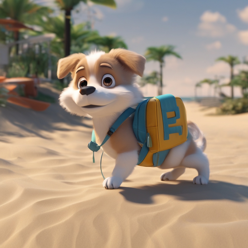 with a small backpack, jumping forward, at a sandy beach