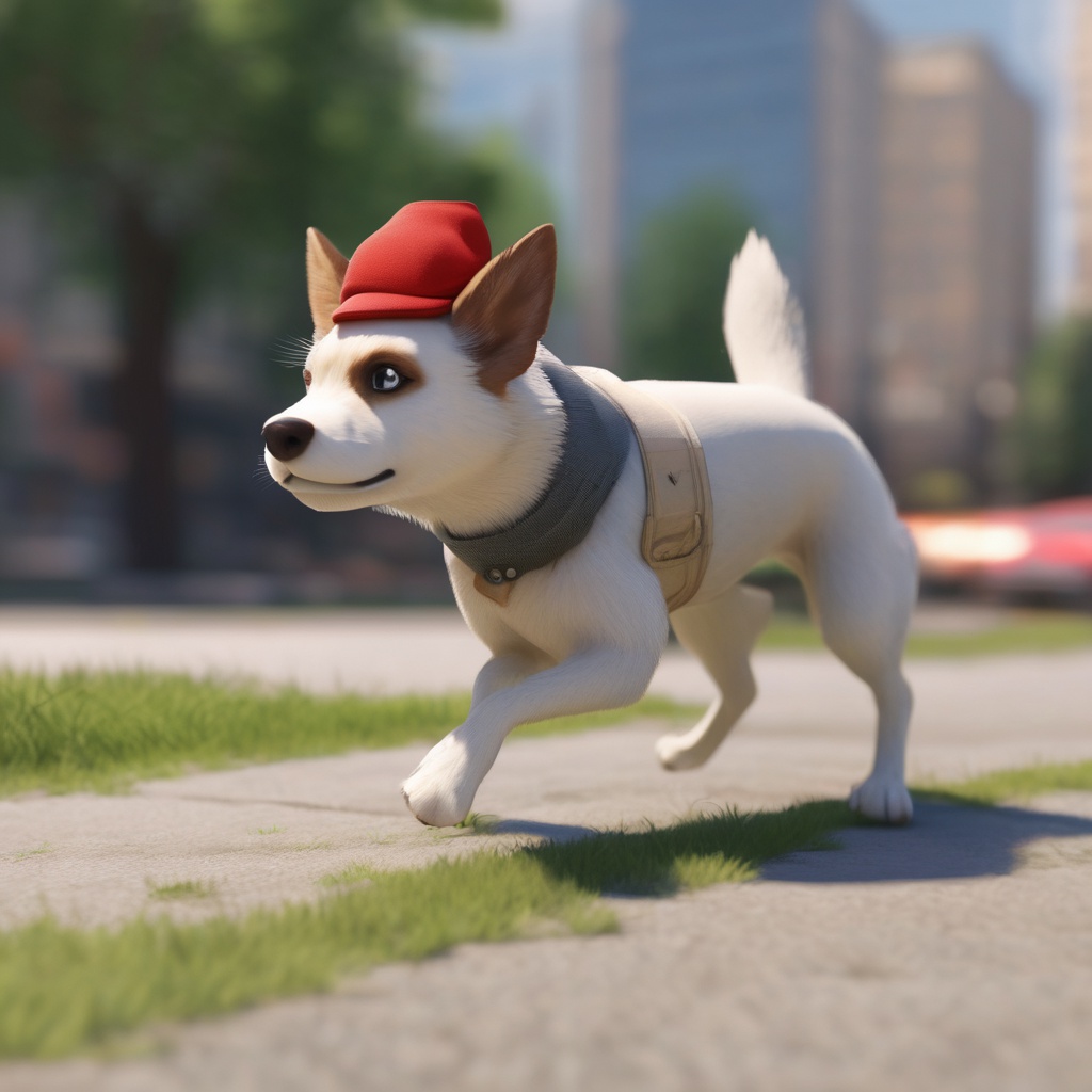 with a tiny hat, running mid-stride, on a city sidewalk