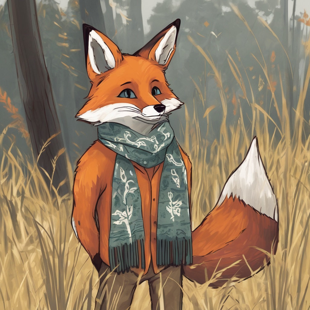 with a patterned scarf, moving low to the ground, in tall grass