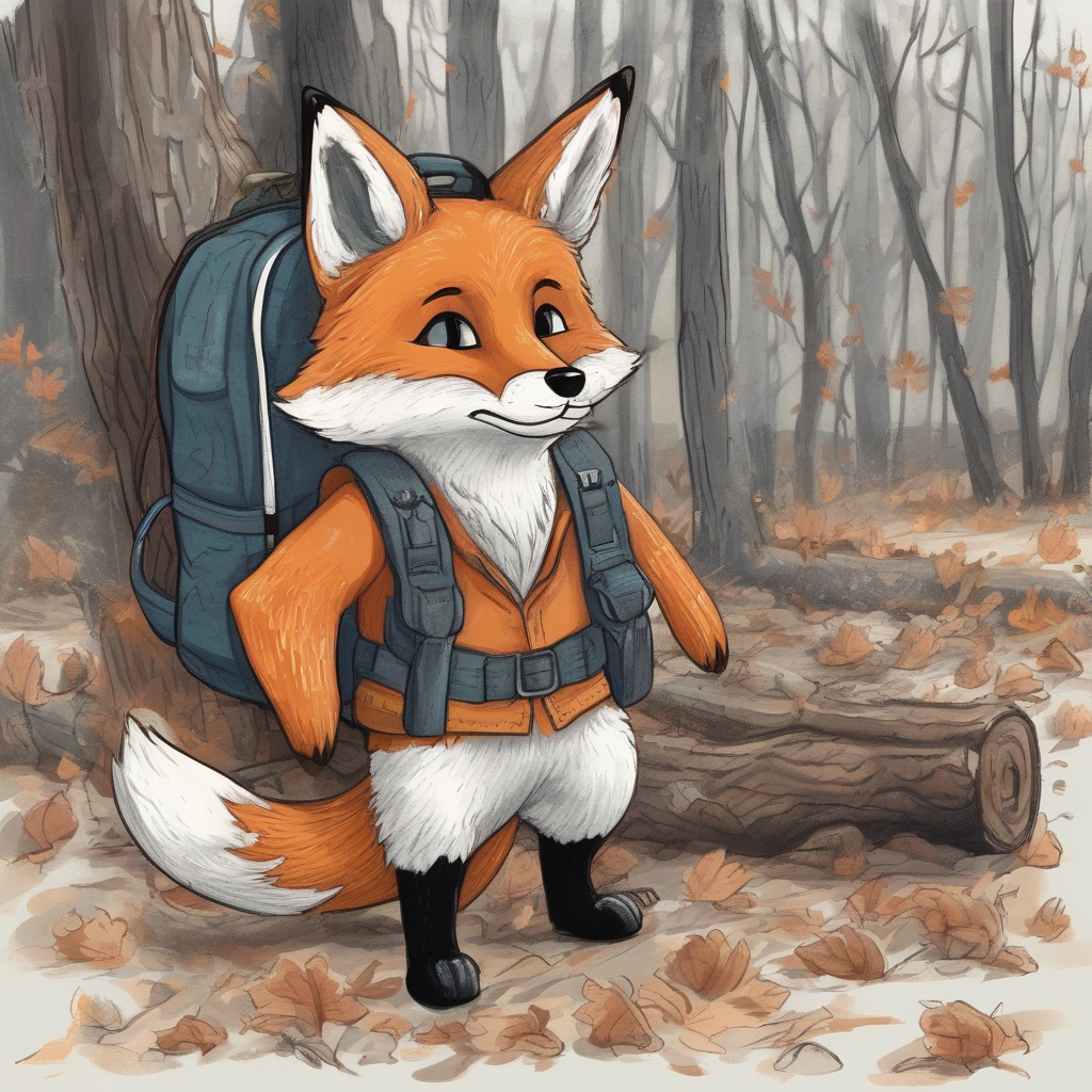 with a small backpack, ears angled back, near a fallen log