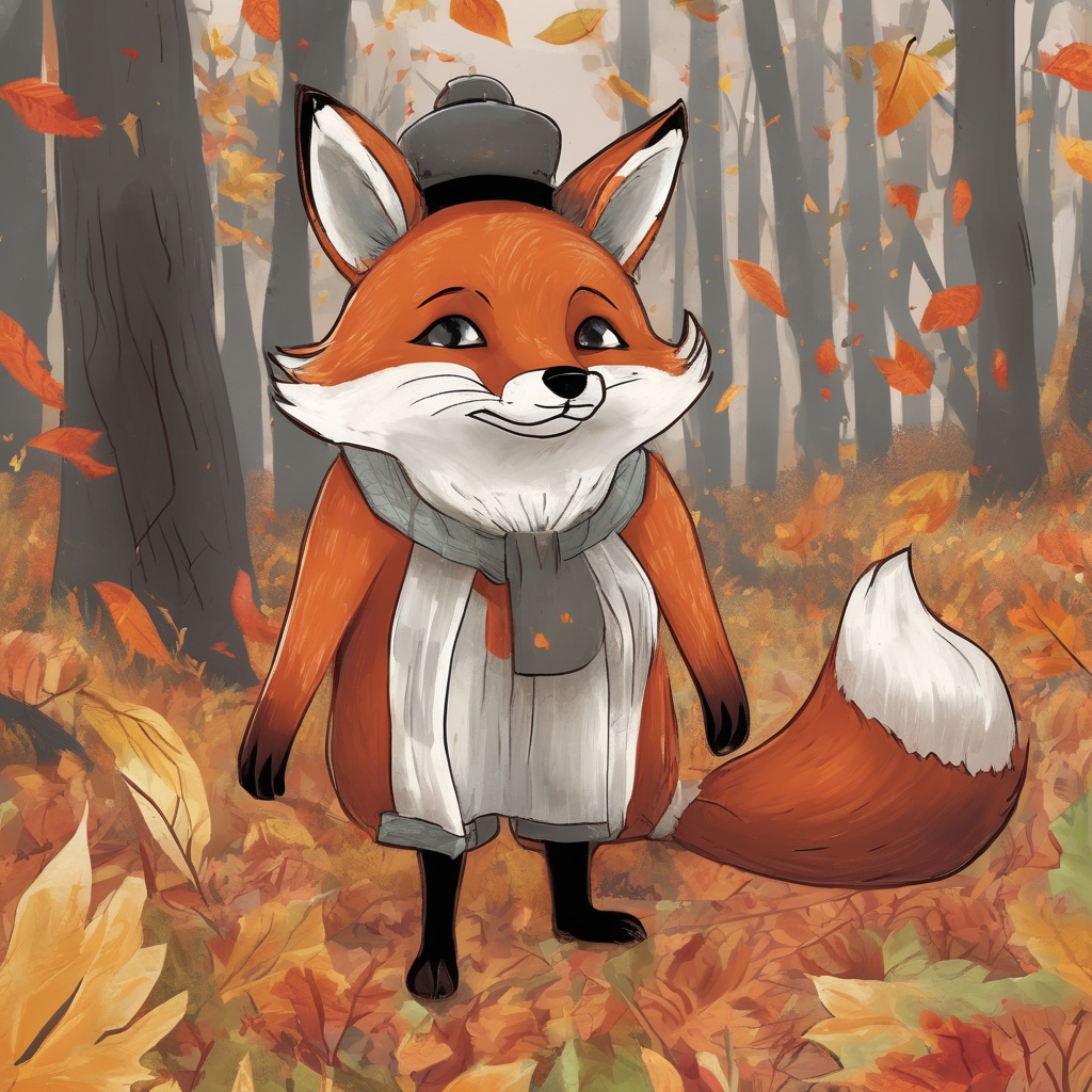 with a tiny hat, standing alert, in an autumn forest