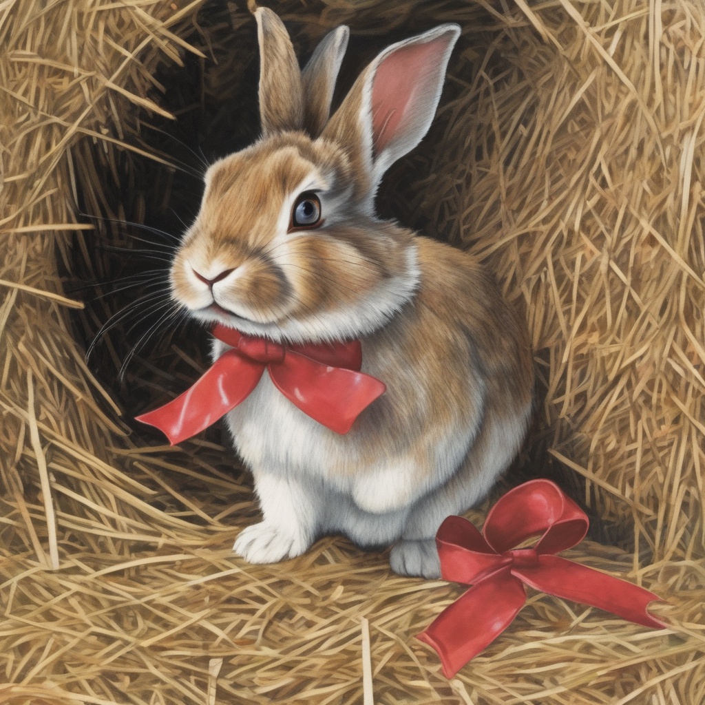 with a ribbon, sitting upright, on soft hay