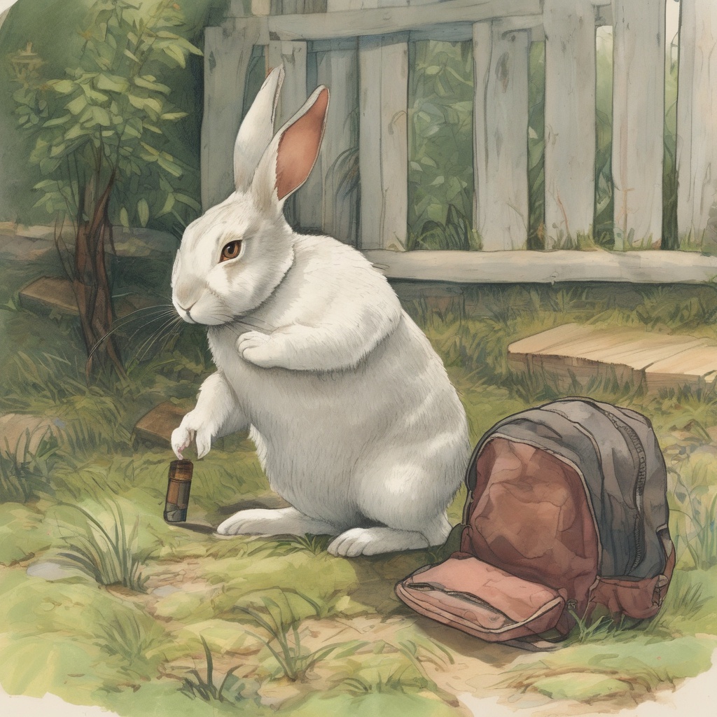 with a small backpack, lying flat, in a small pen