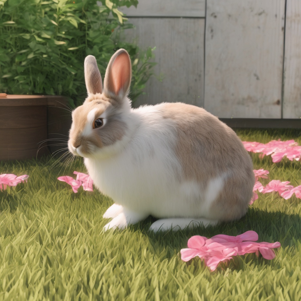 with a small prop nearby, ears perked up, on a backyard lawn