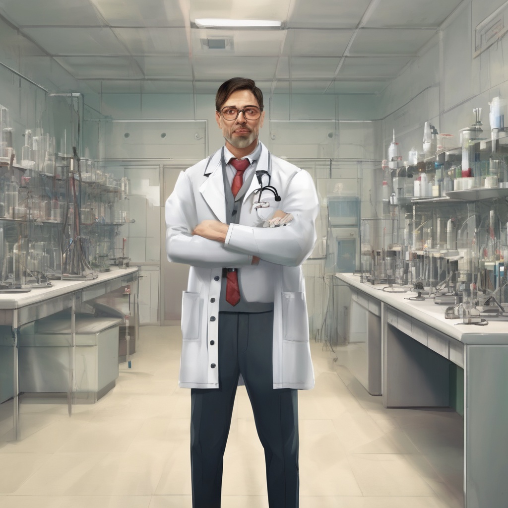 with earrings, turning to the side, in a bright lab corridor