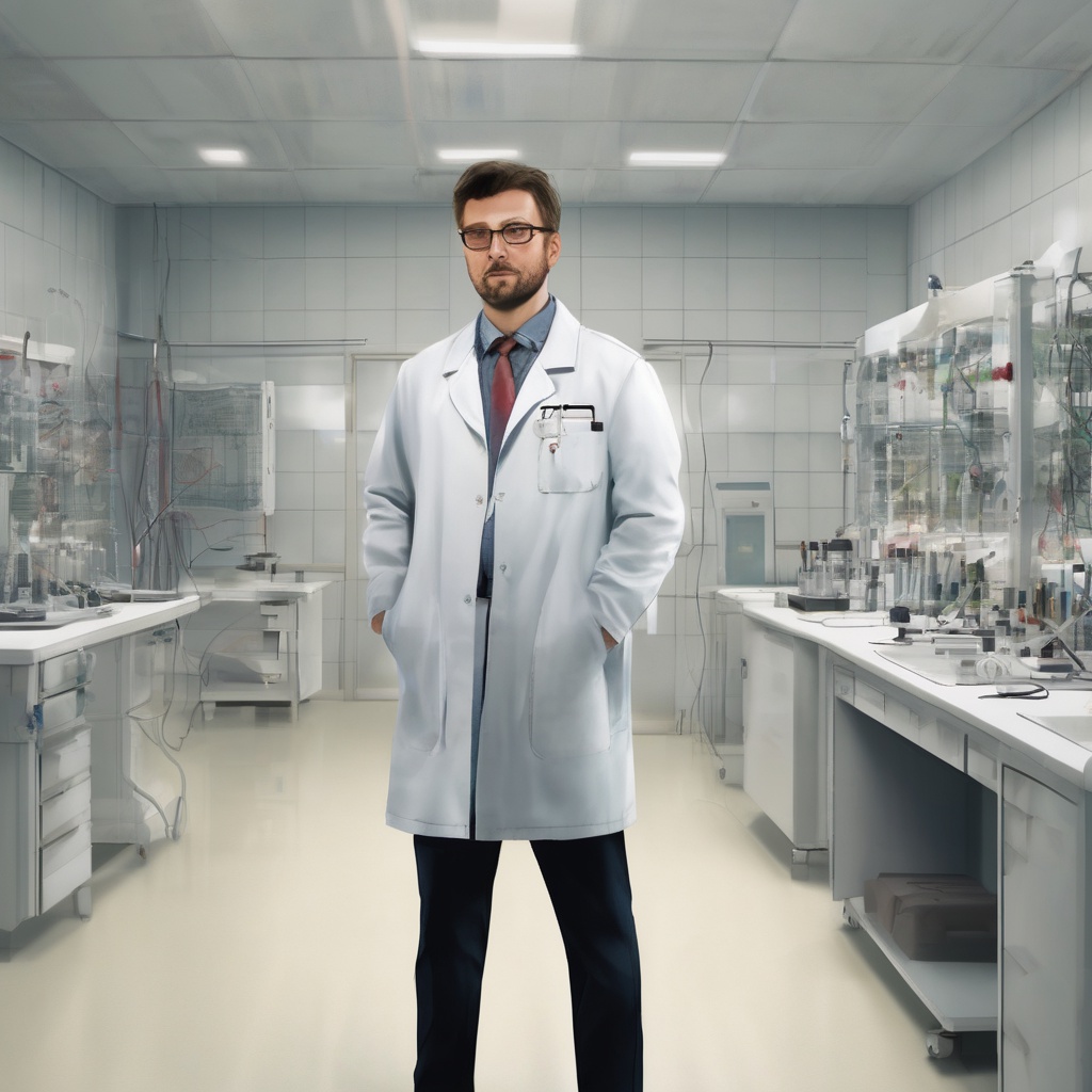 with short hair, hands behind back, in a cleanroom