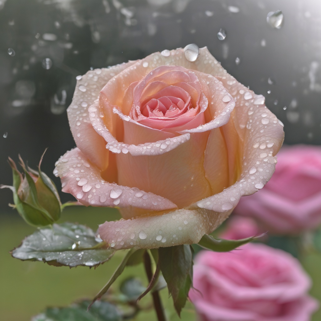 with dew drops, bloom, against a plain studio backdrop