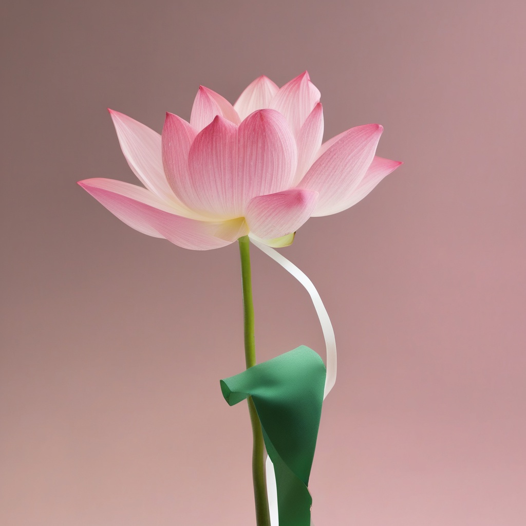 with a ribbon tied to the stem, open petals, in a botanical garden