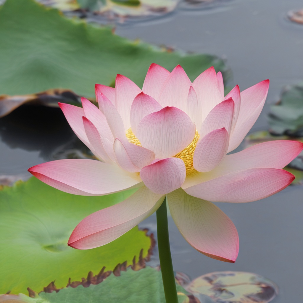 with a small tag, upright stem, in a lotus pond