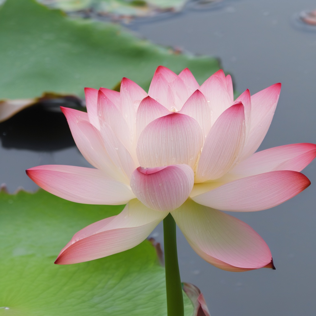 with dew drops, petals half-open, near a water garden