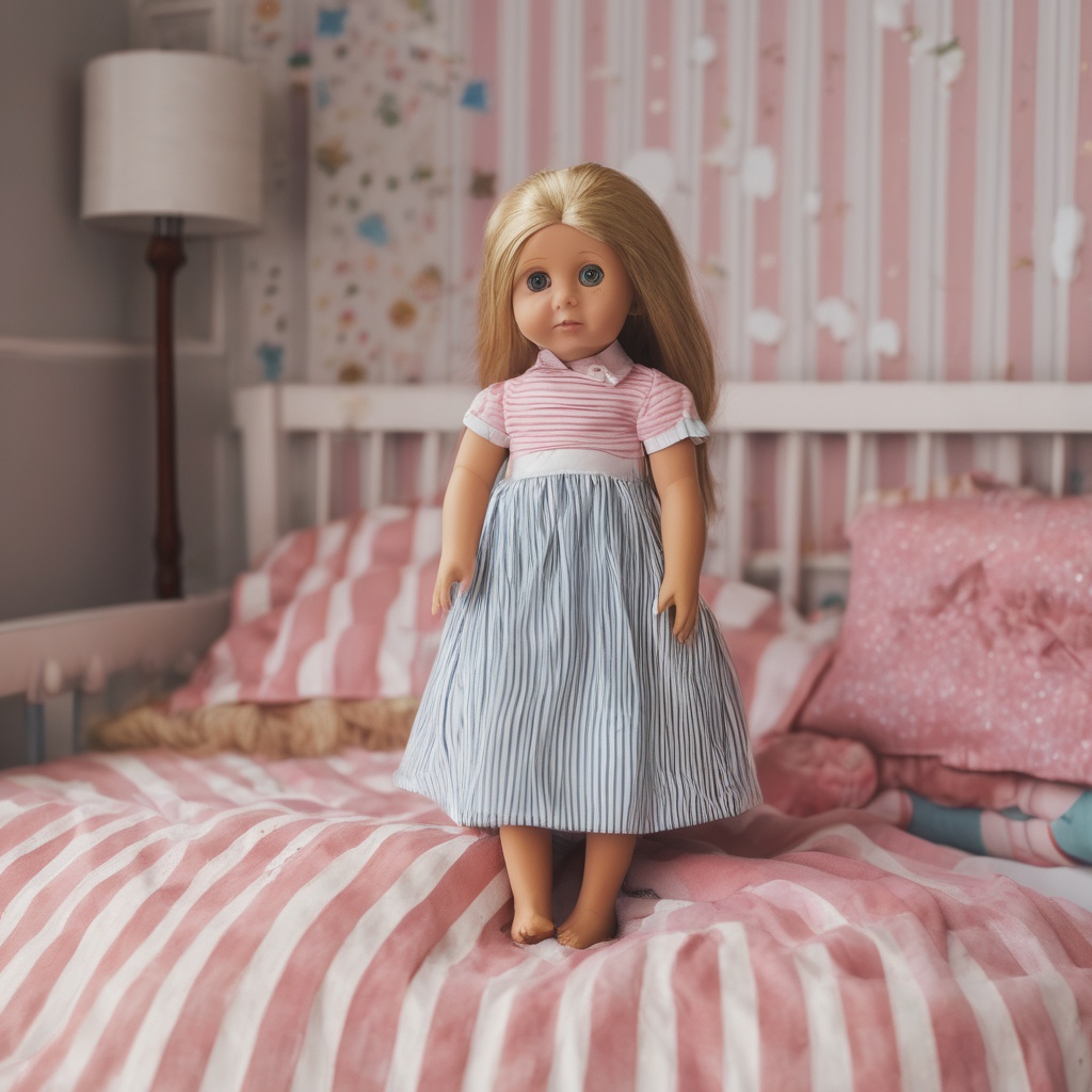 with a stripe pattern, sitting with legs forward, on a bed