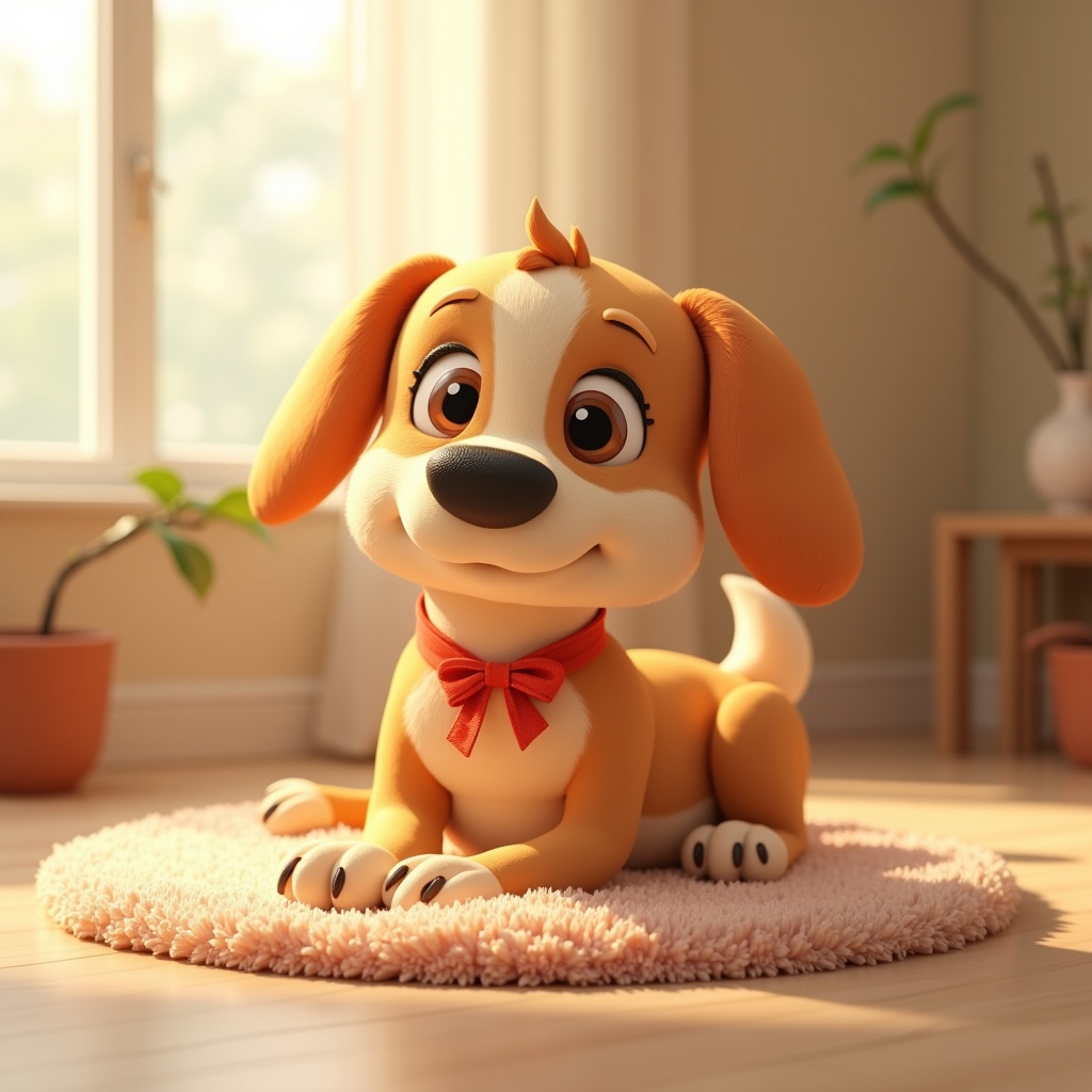with a ribbon, lying curled up, on a cozy living-room rug