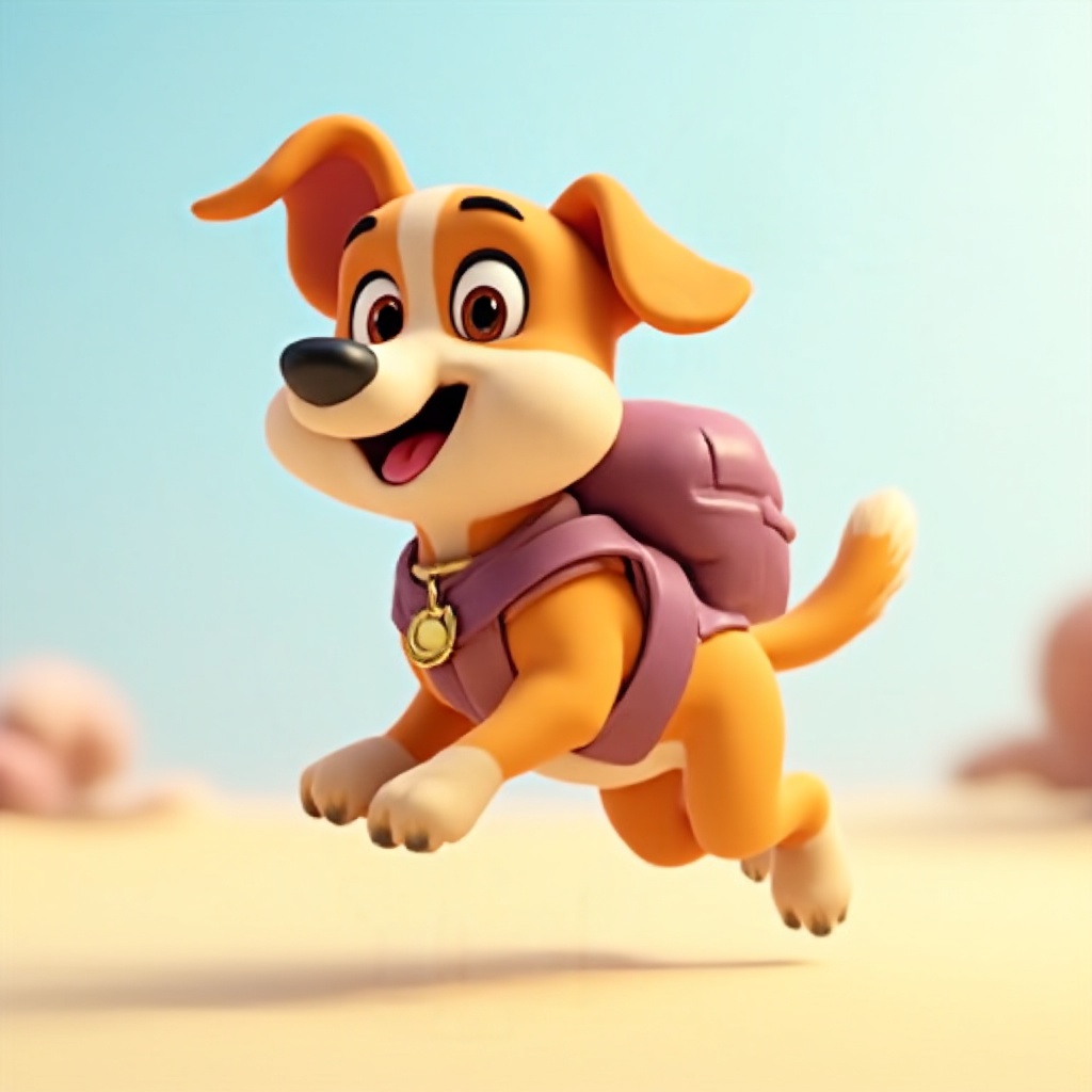 with a small backpack, jumping forward, at a sandy beach