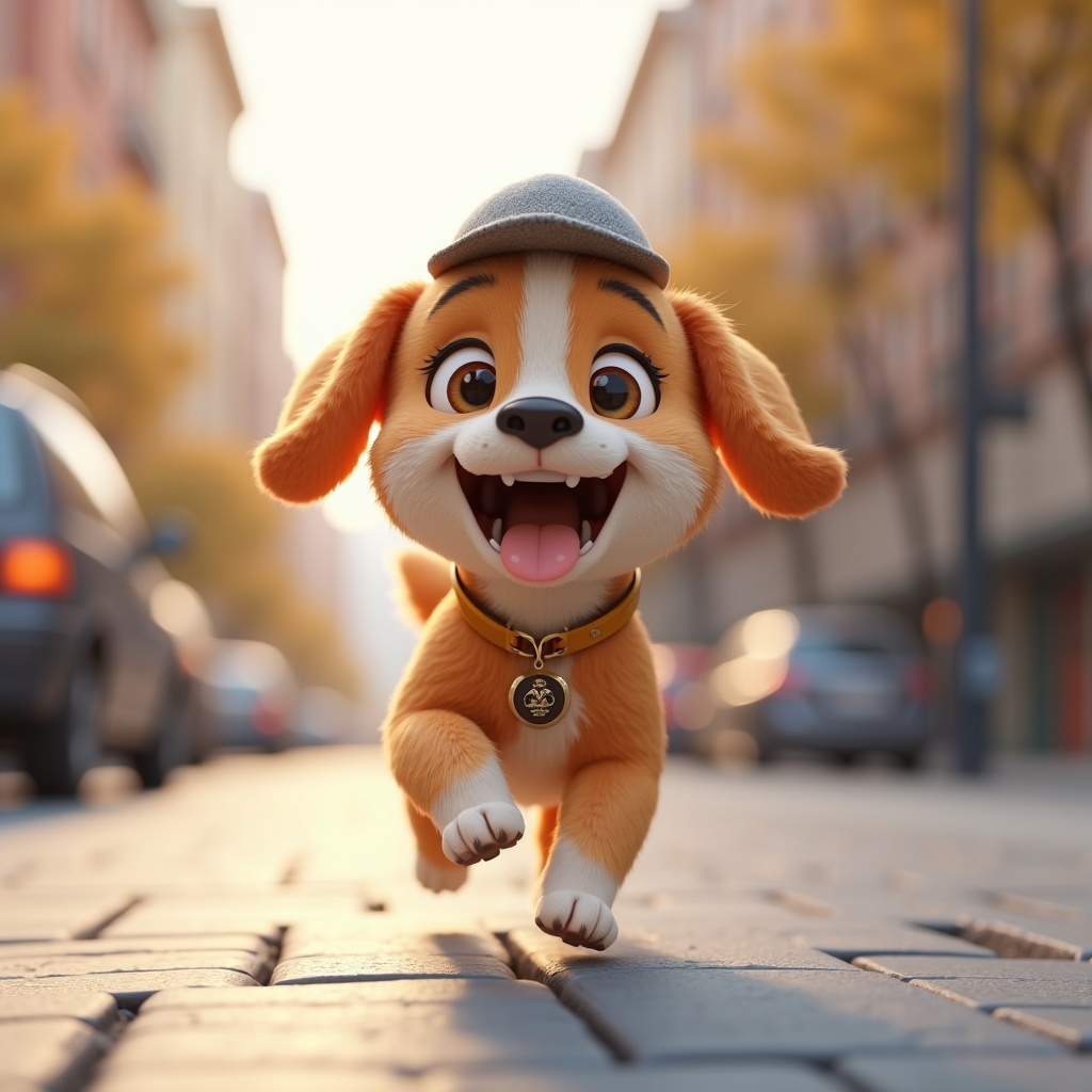 with a tiny hat, running mid-stride, on a city sidewalk