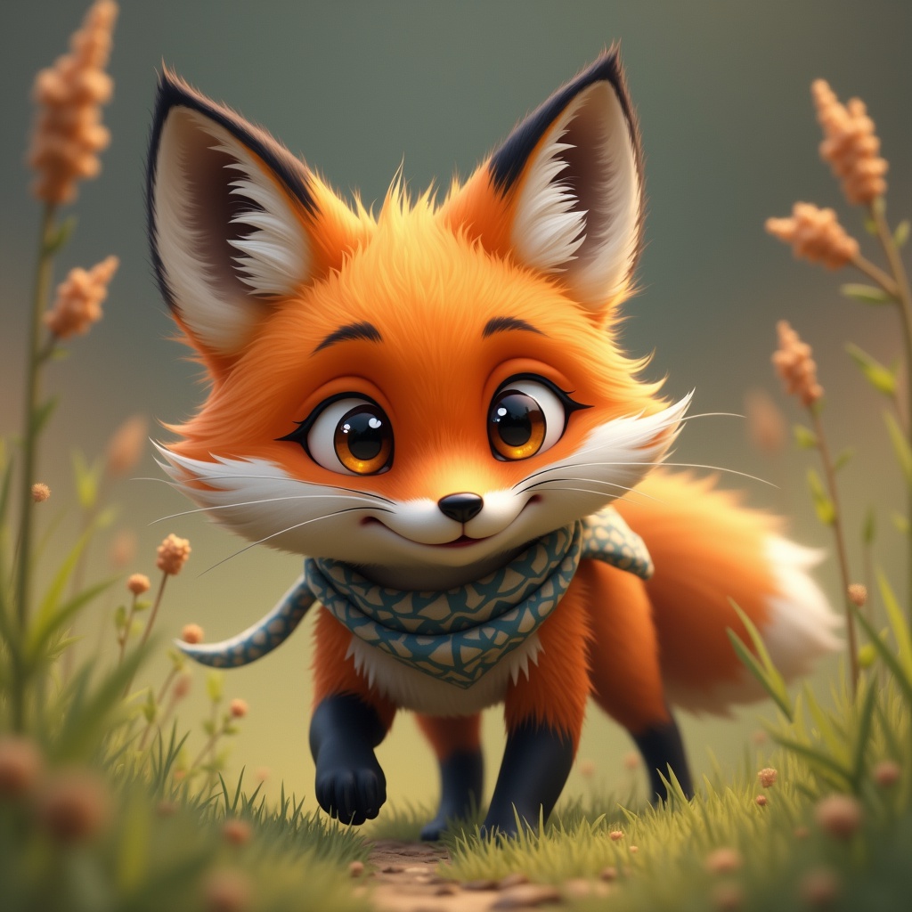 with a patterned scarf, moving low to the ground, in tall grass