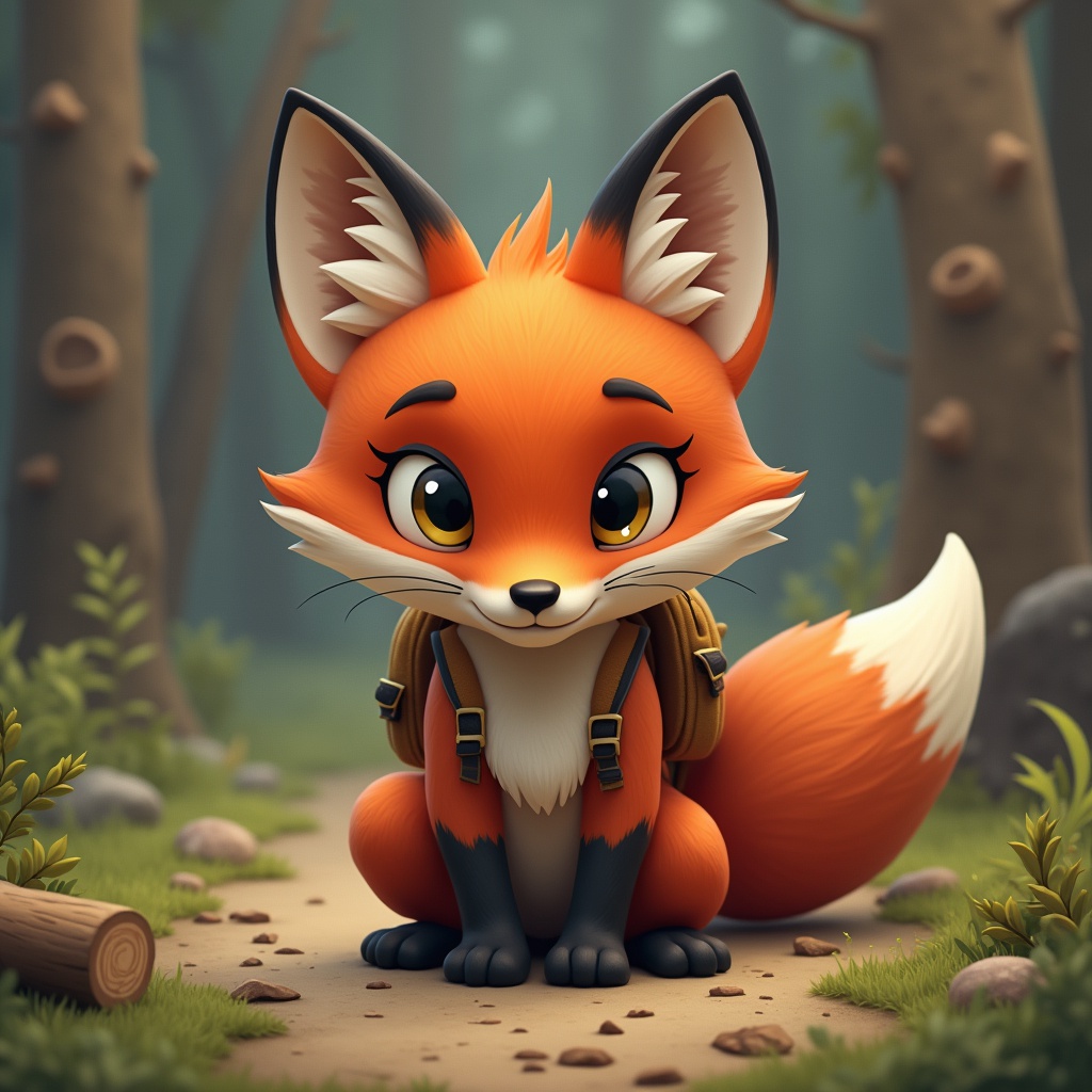 with a small backpack, ears angled back, near a fallen log