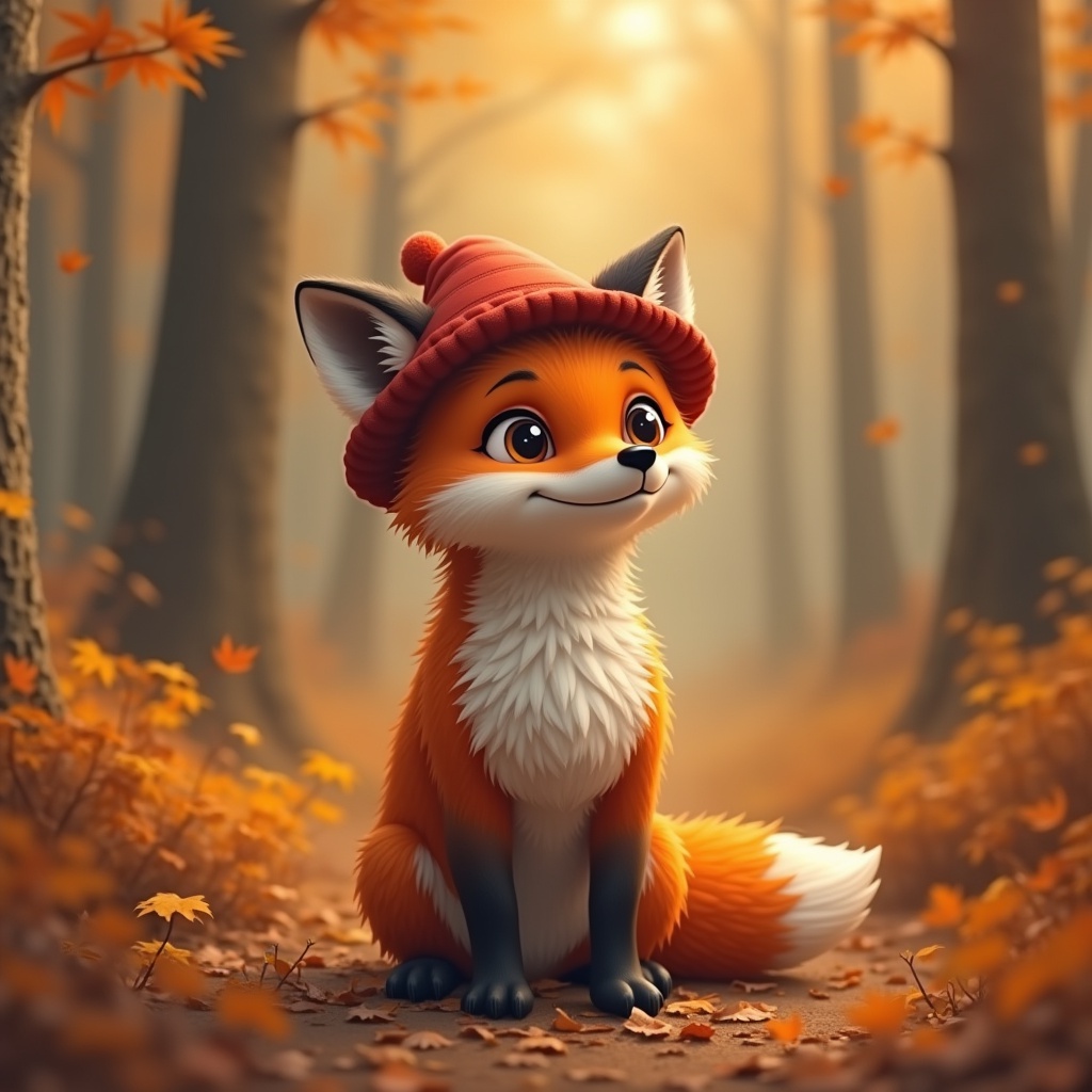 with a tiny hat, standing alert, in an autumn forest
