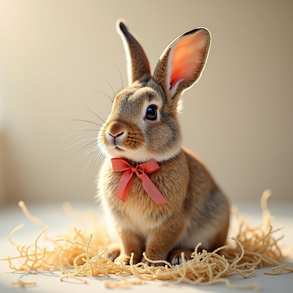 with a ribbon, sitting upright, on soft hay