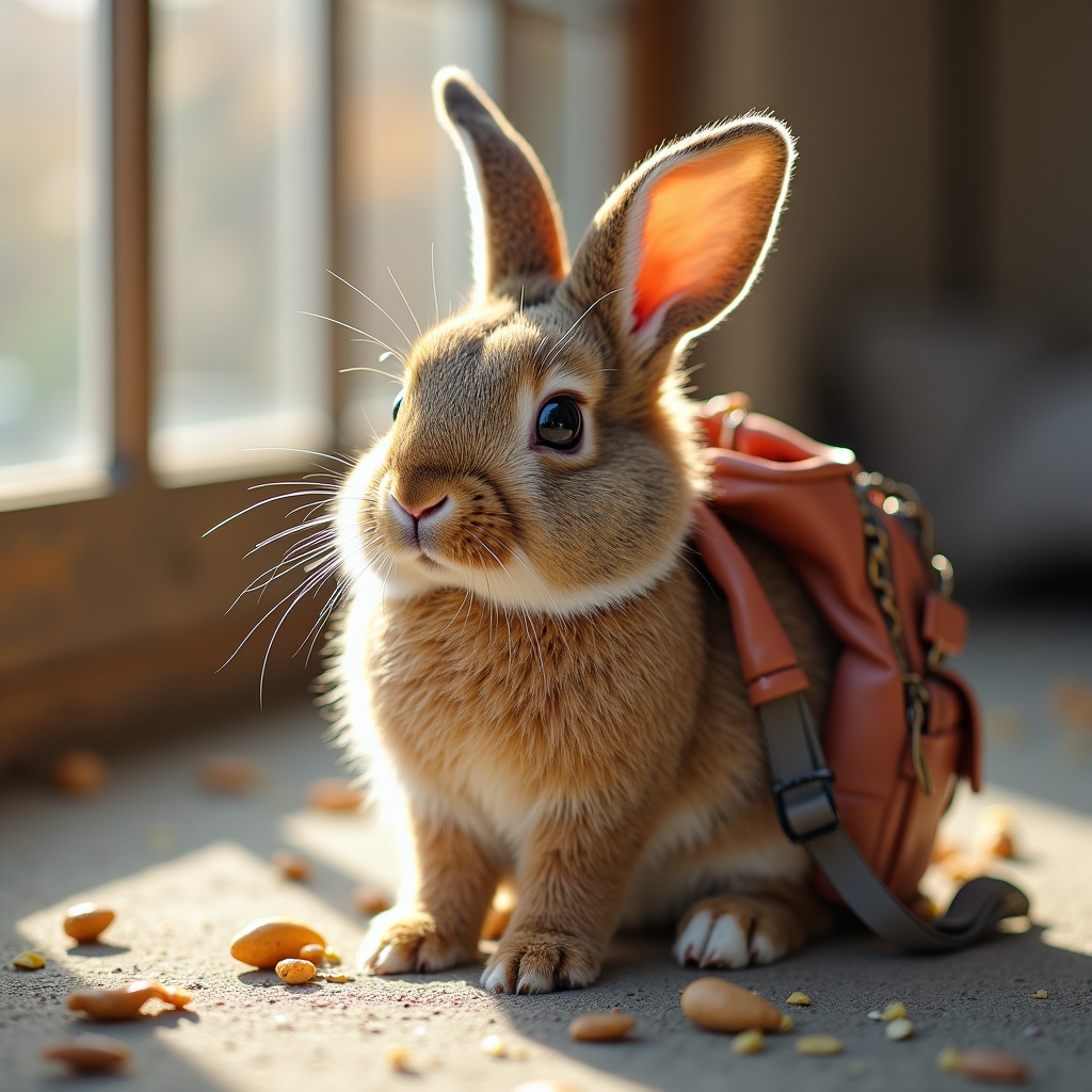 with a small backpack, lying flat, in a small pen