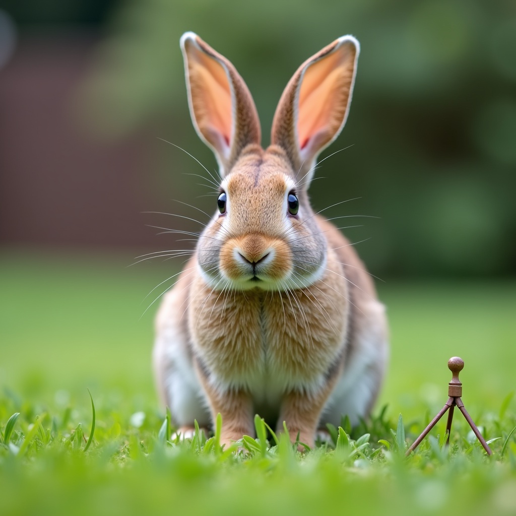 with a small prop nearby, ears perked up, on a backyard lawn