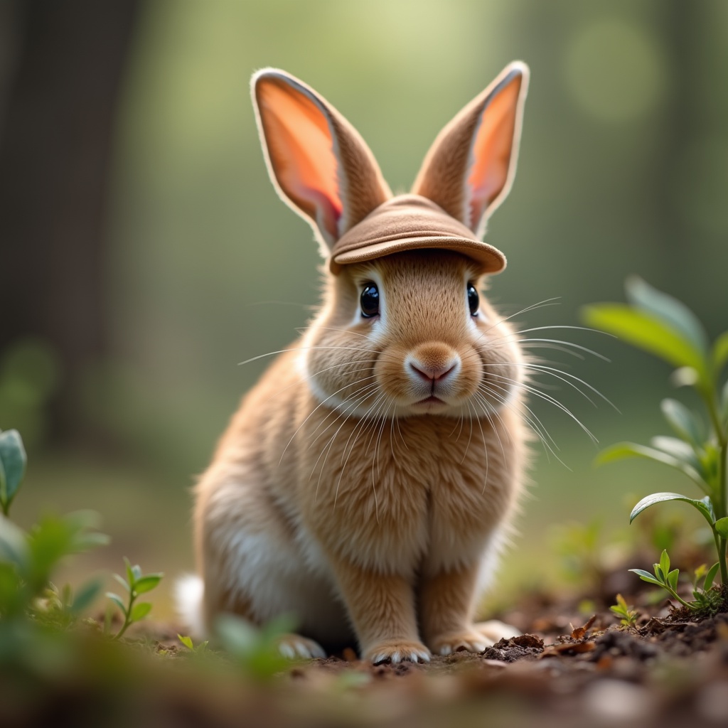 with a tiny hat, nose twitching, on a forest floor