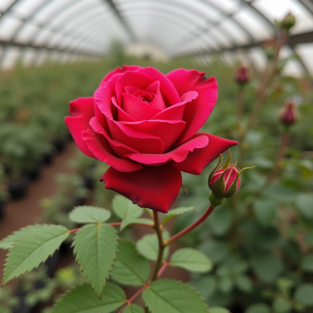 with a bud nearby, slightly tilted stem, in a greenhouse