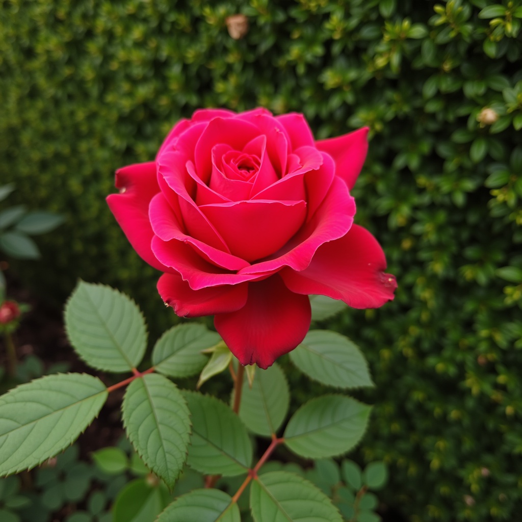 with a leaf curl, clustered petals, near a hedge