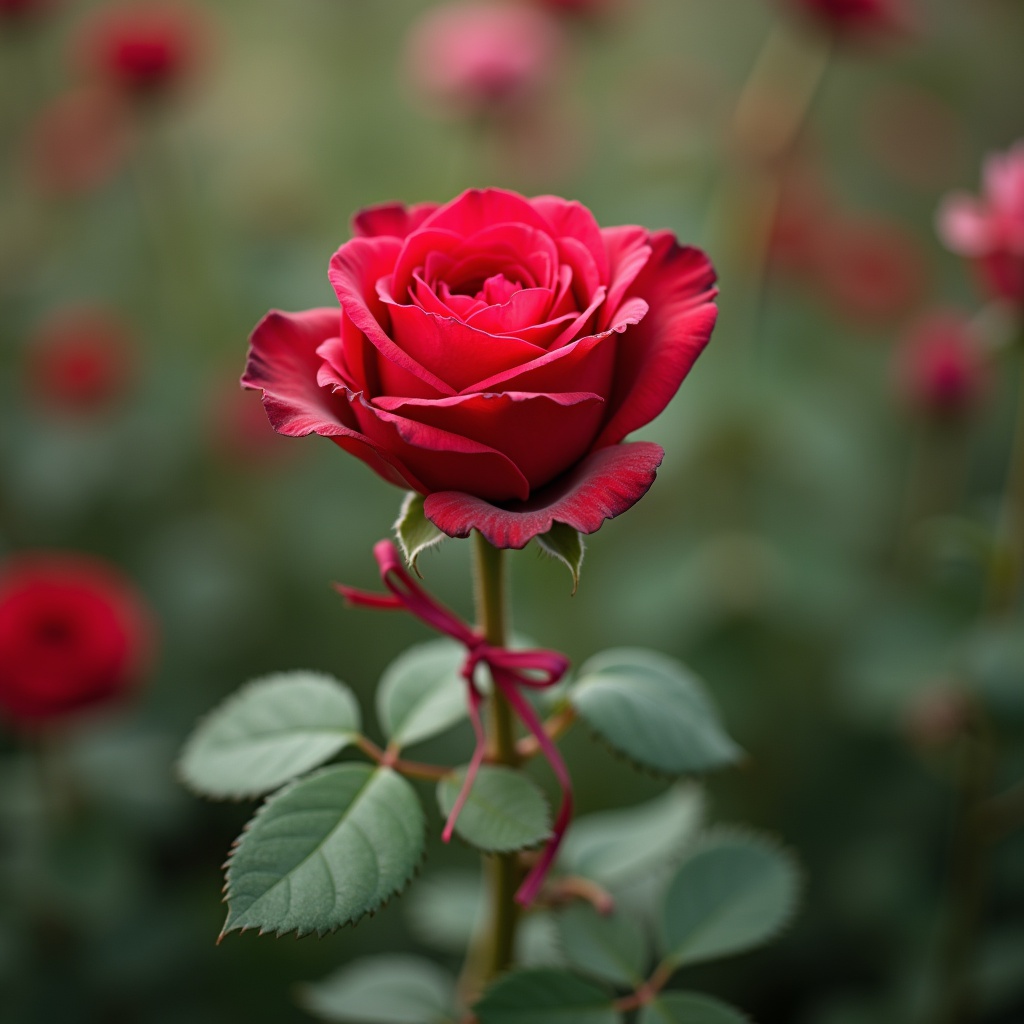 with a ribbon tied to the stem, bloom facing camera, in a flower garden