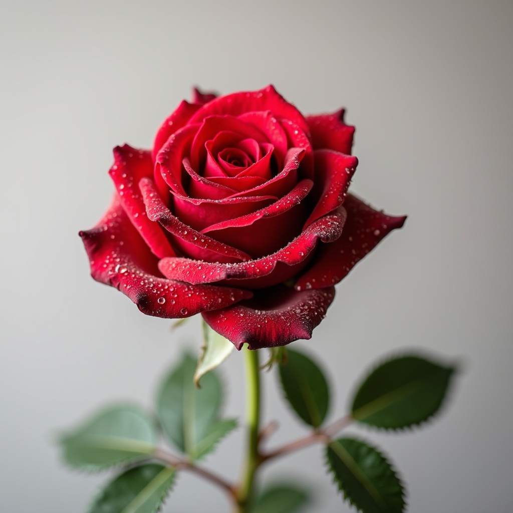 with dew drops, bloom, against a plain studio backdrop