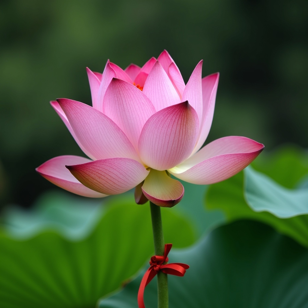 with a ribbon tied to the stem, open petals, in a botanical garden