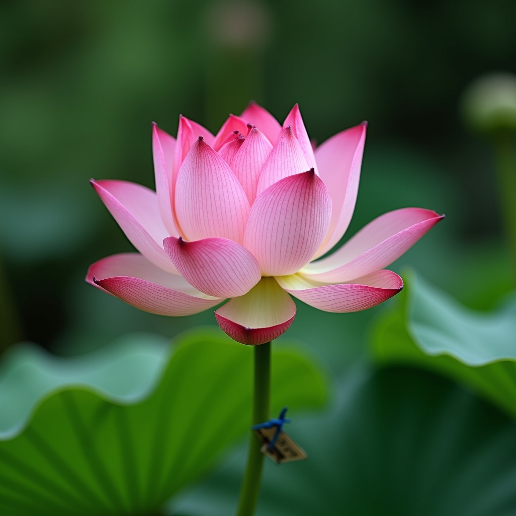 with a small tag, upright stem, in a lotus pond