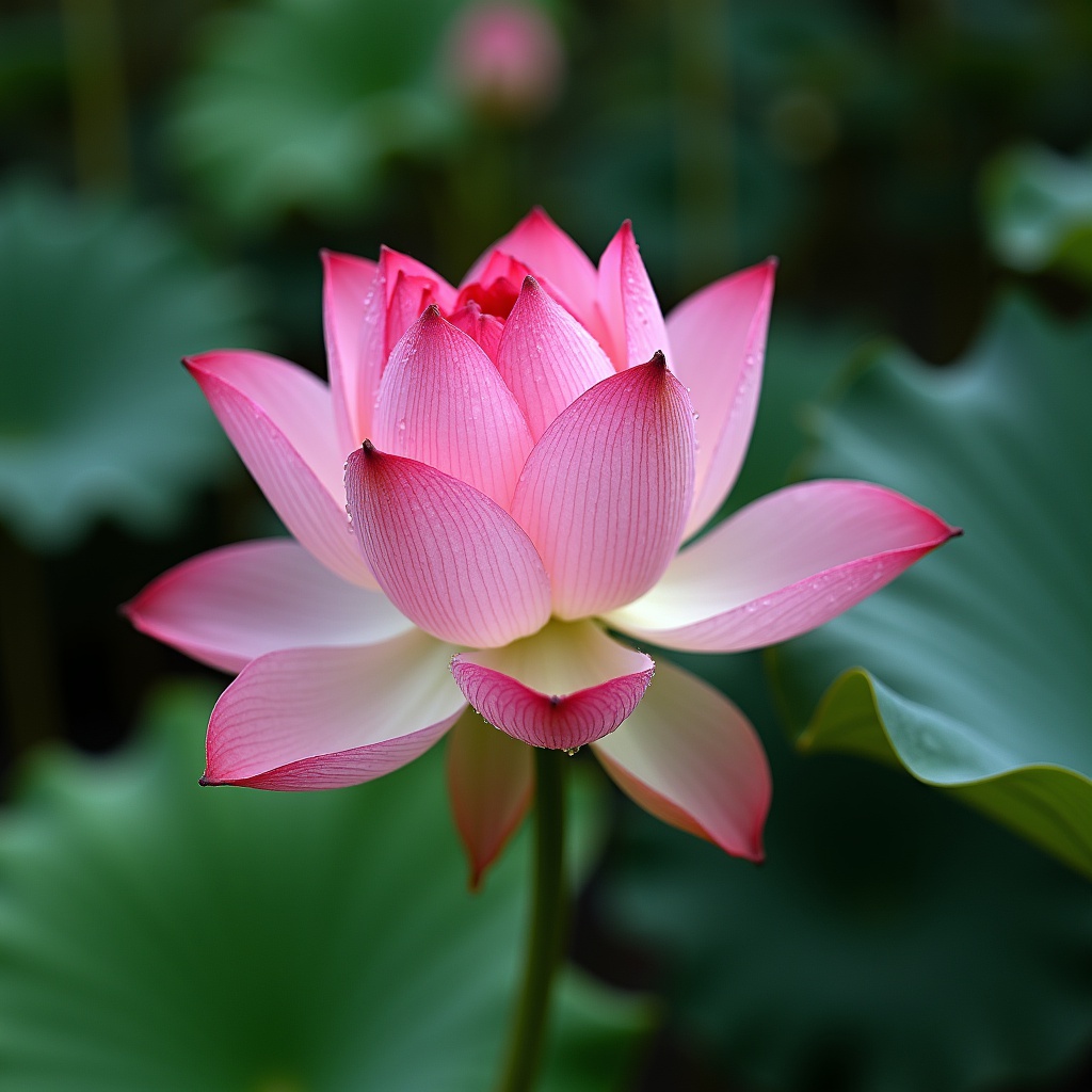 with dew drops, petals half-open, near a water garden
