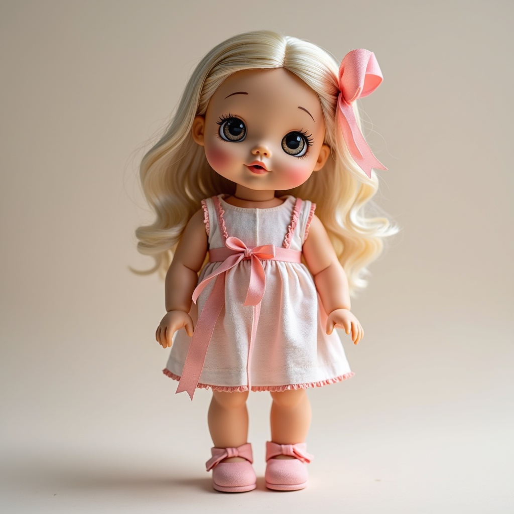 with a ribbon, facing camera, against a plain backdrop