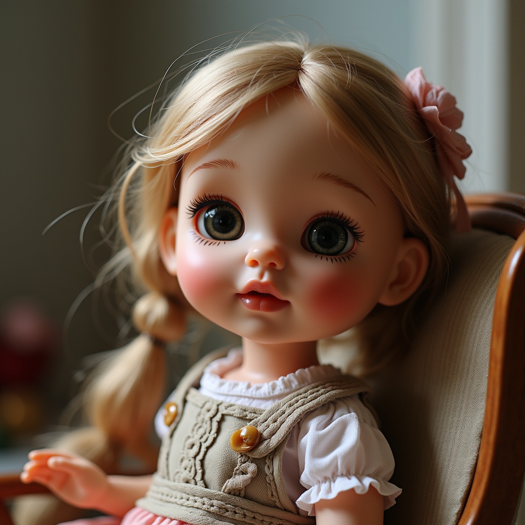 with a small prop nearby, head tilted, on a chair