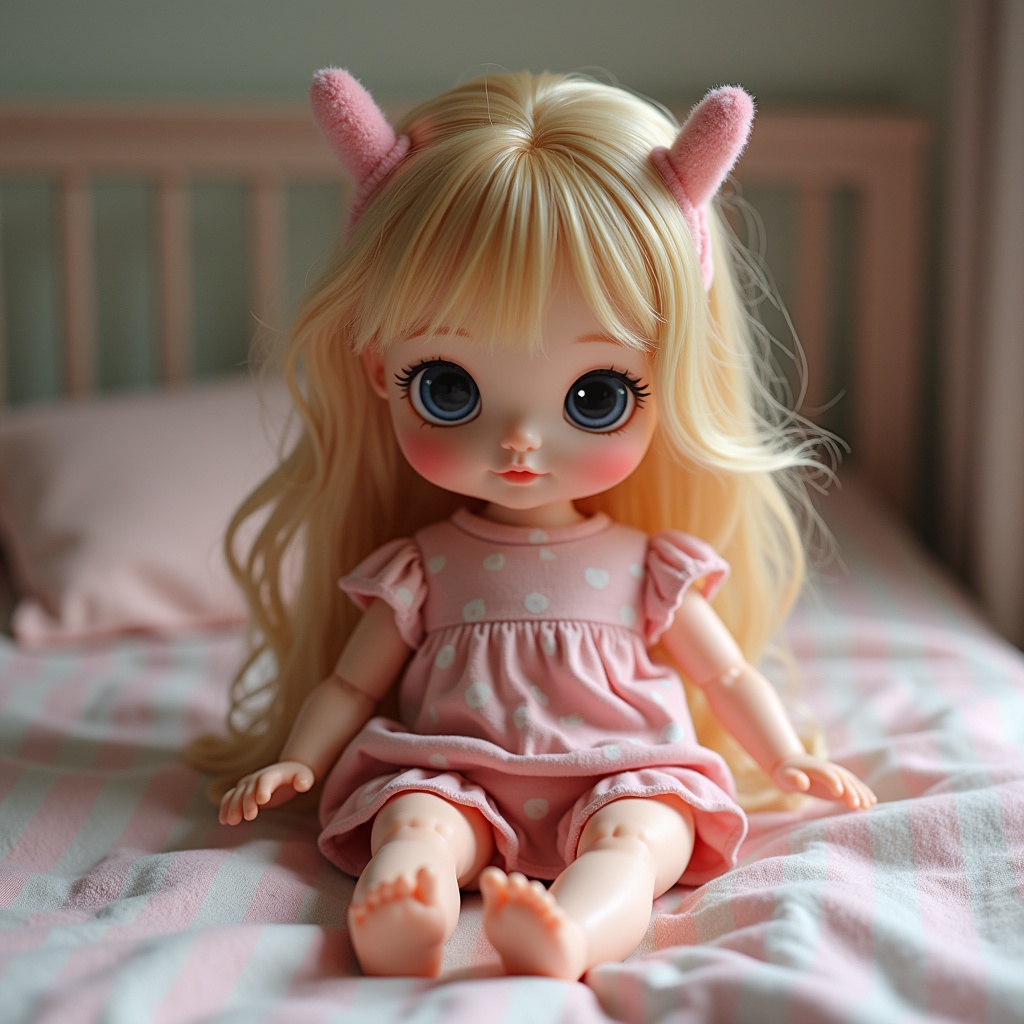 with a stripe pattern, sitting with legs forward, on a bed