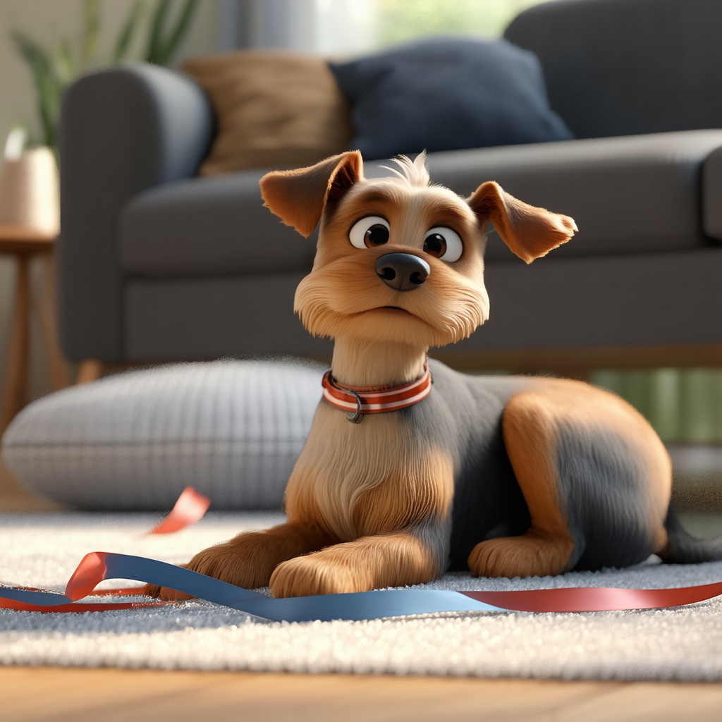 with a ribbon, lying curled up, on a cozy living-room rug