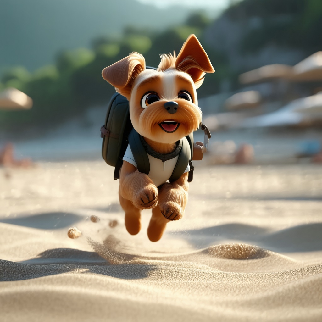 with a small backpack, jumping forward, at a sandy beach