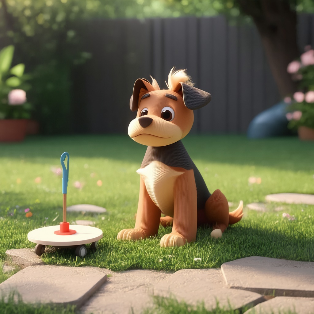 with a small prop nearby, sitting attentively, in a grassy backyard