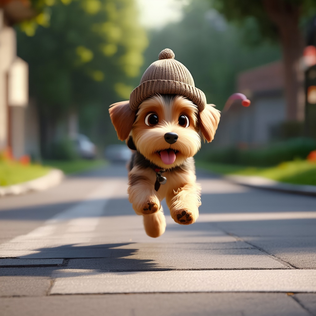 with a tiny hat, running mid-stride, on a city sidewalk