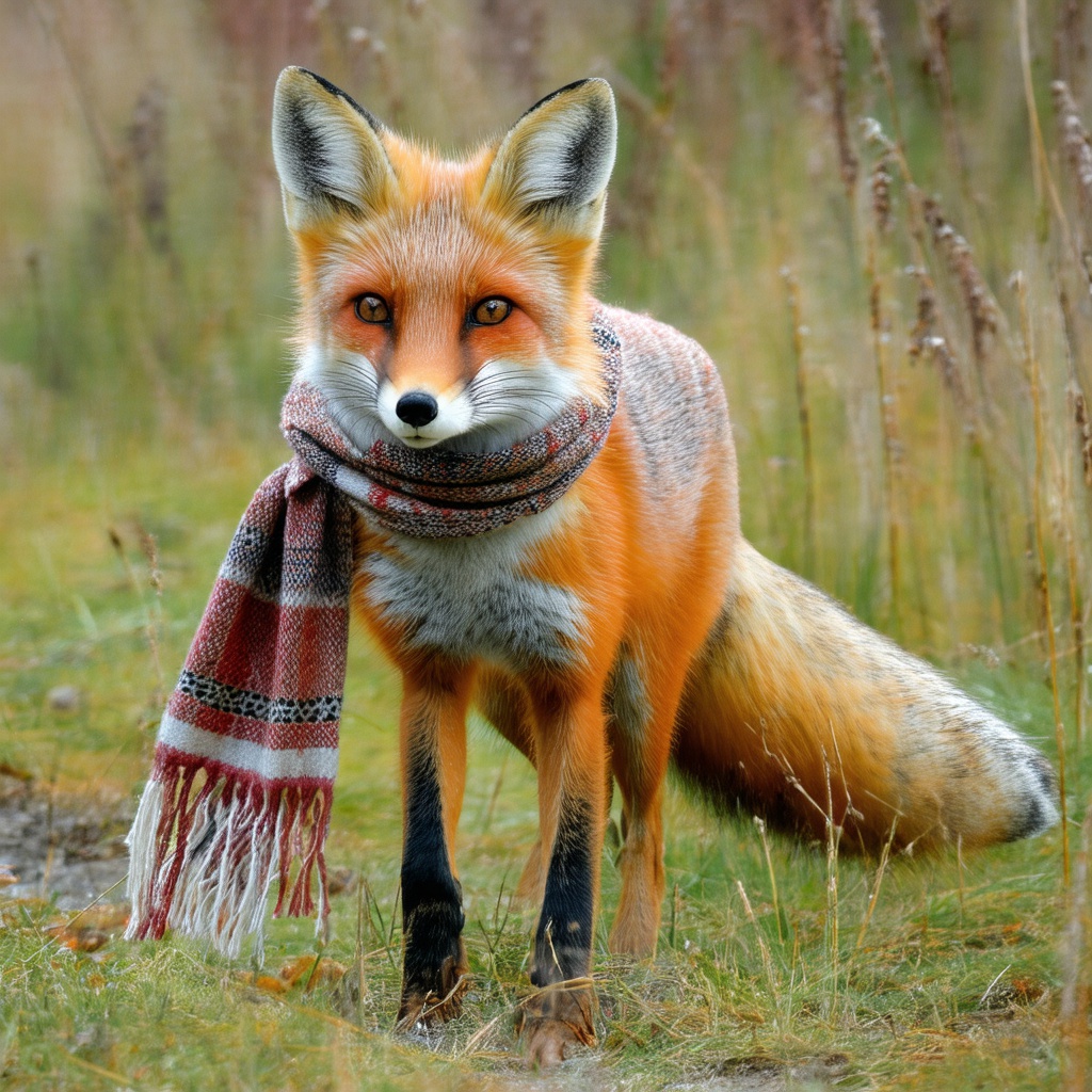 with a patterned scarf, moving low to the ground, in tall grass