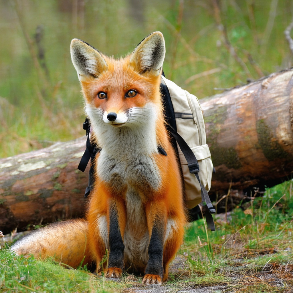 with a small backpack, ears angled back, near a fallen log