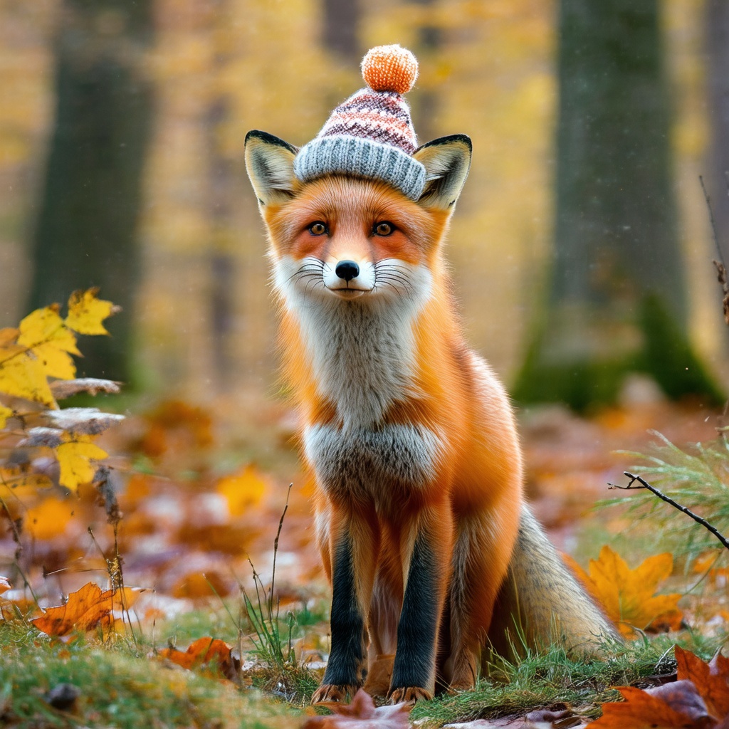 with a tiny hat, standing alert, in an autumn forest