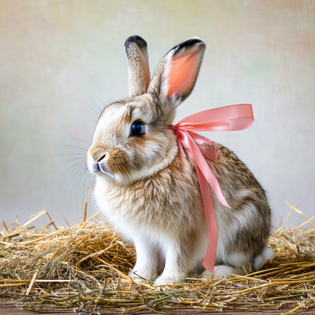 with a ribbon, sitting upright, on soft hay