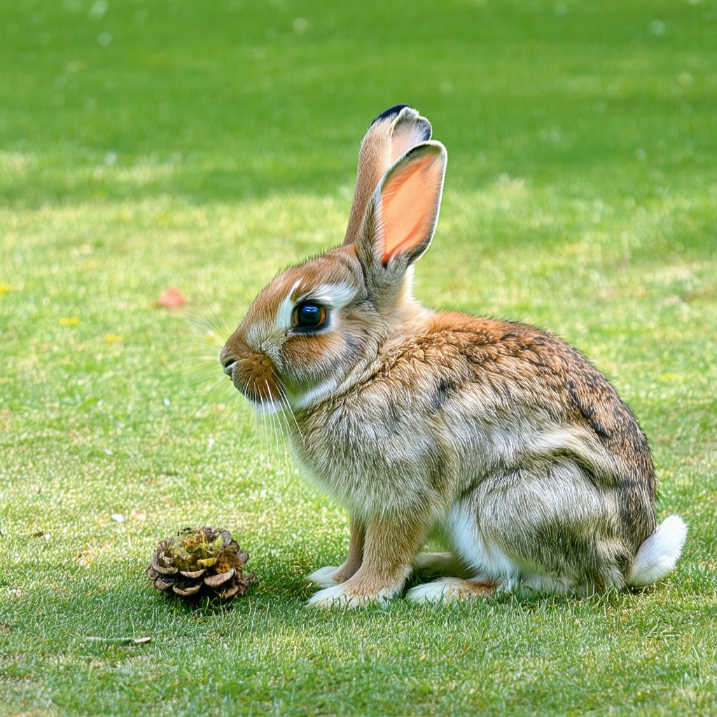 with a small prop nearby, ears perked up, on a backyard lawn