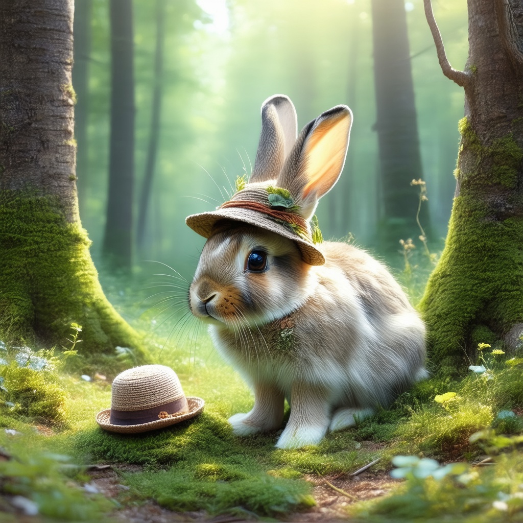 with a tiny hat, nose twitching, on a forest floor