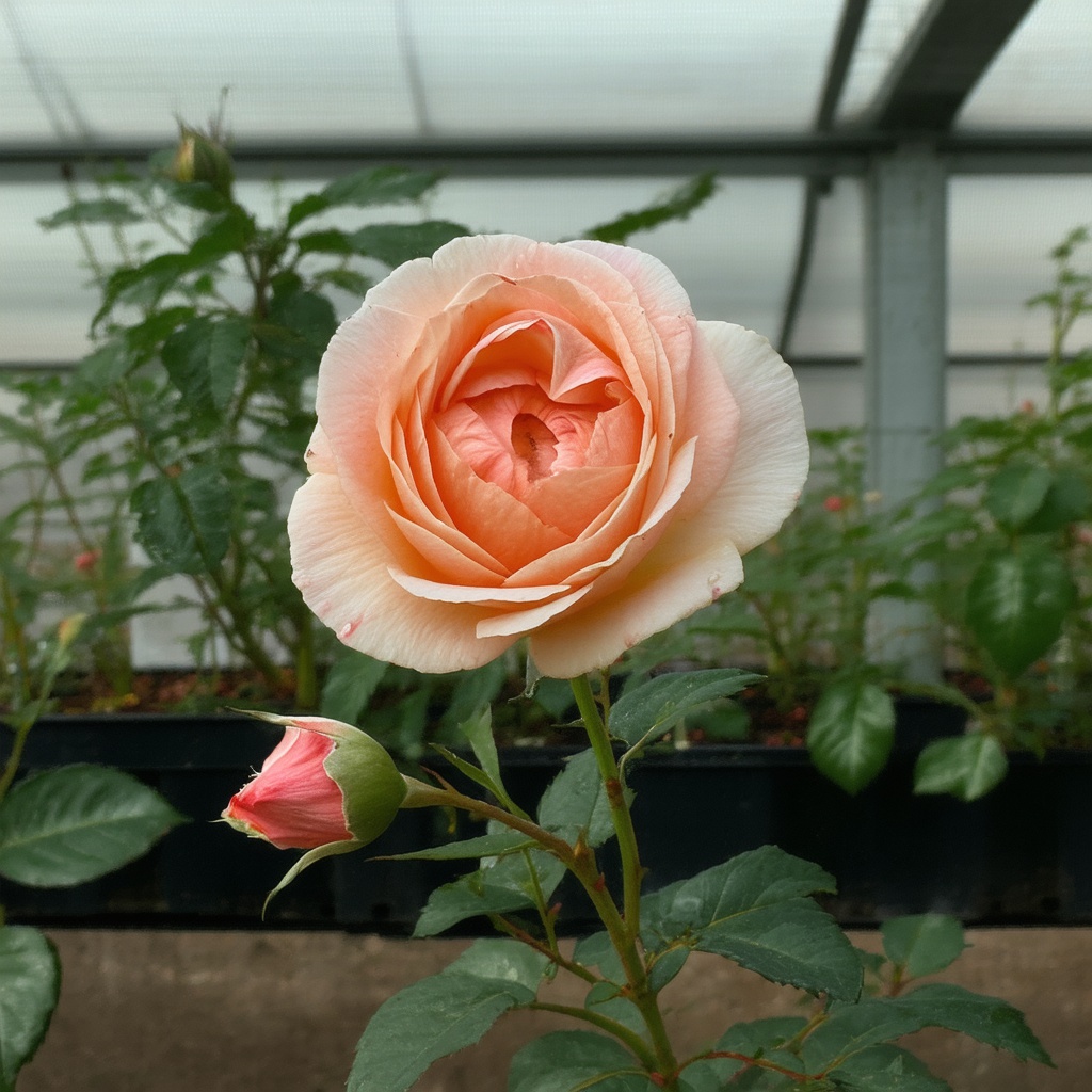 with a bud nearby, slightly tilted stem, in a greenhouse