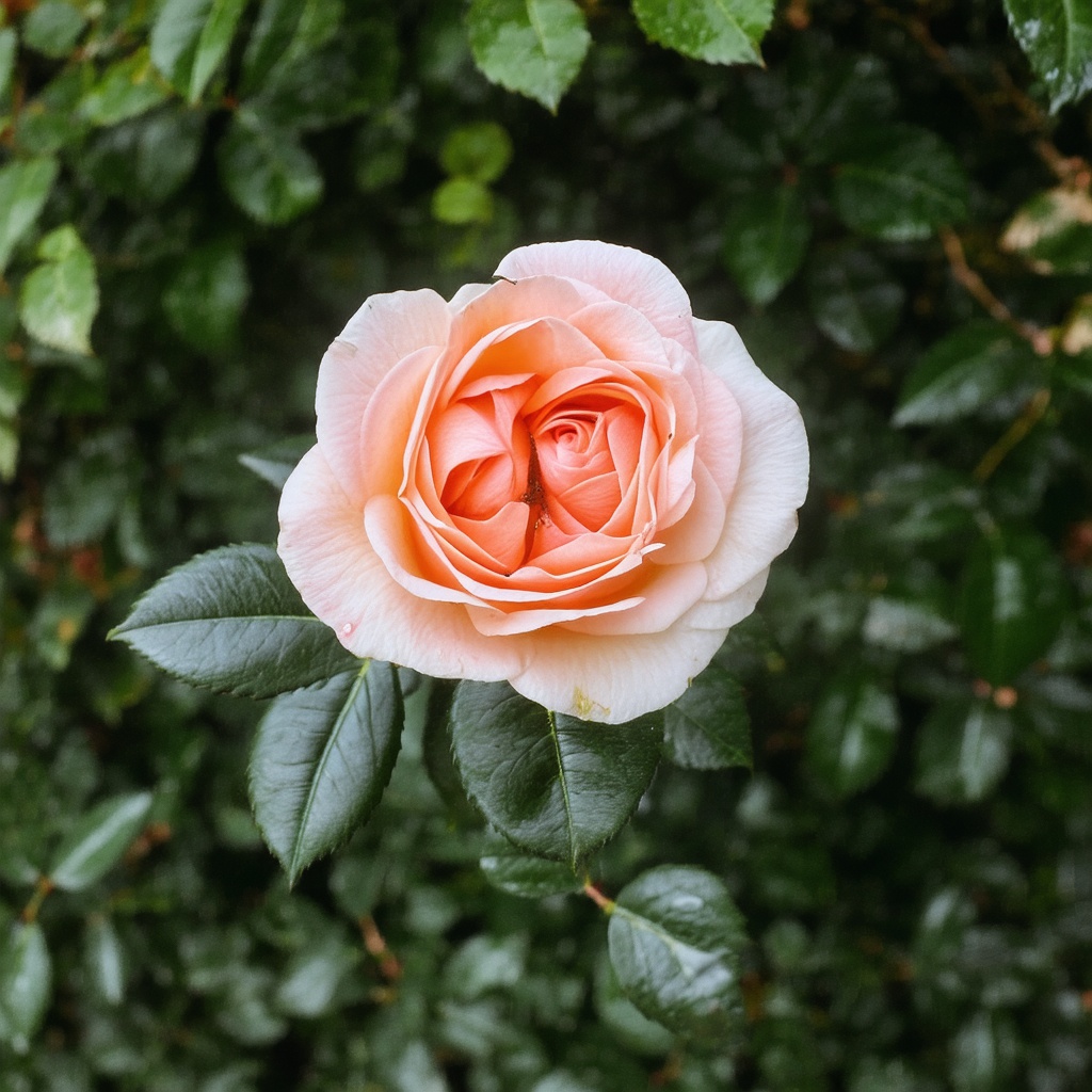 with a leaf curl, clustered petals, near a hedge