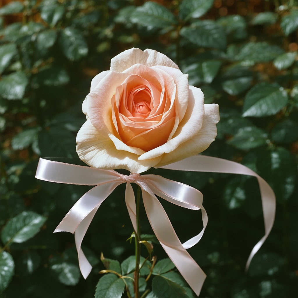 with a ribbon tied to the stem, bloom facing camera, in a flower garden