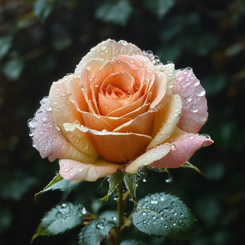 with dew drops, bloom, against a plain studio backdrop